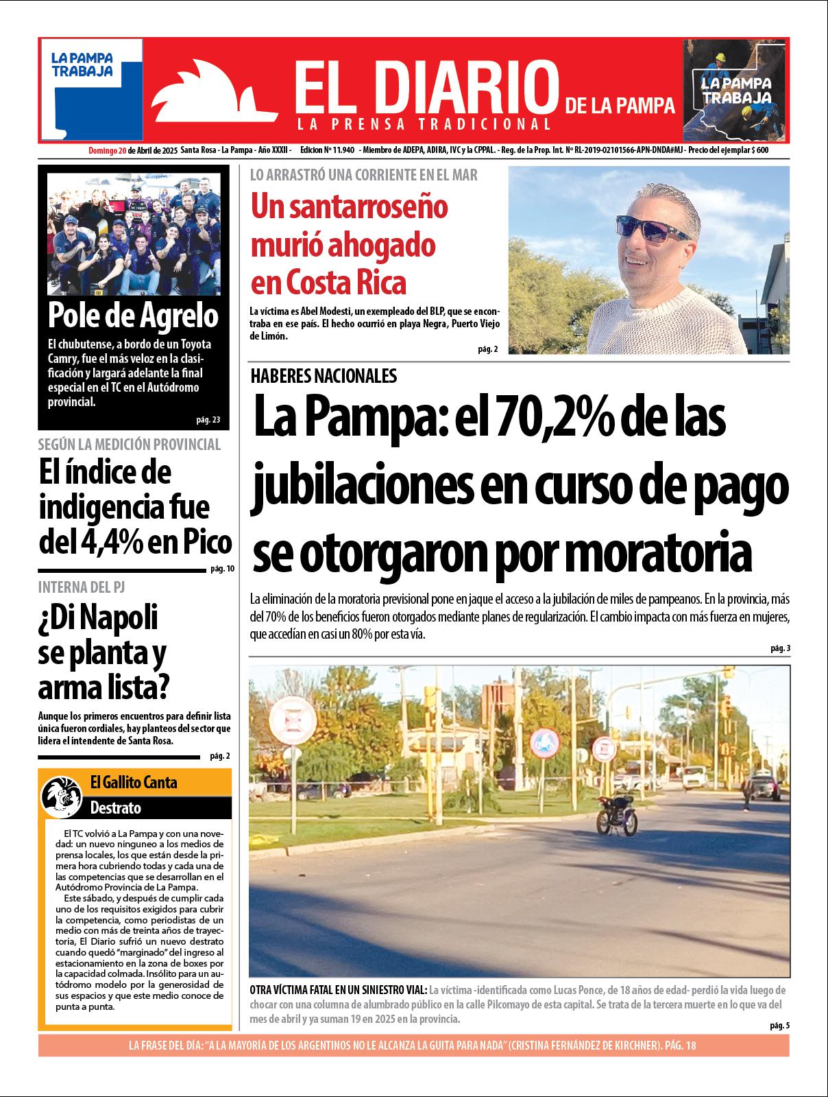 Tapa de El Diario en papel  domingo 20 de abril de 2025
